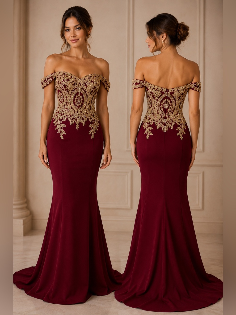 NWOT EVA USA Burgundy Gold Lace Mermaid Prom Formal Dress Prom Gown Size Small